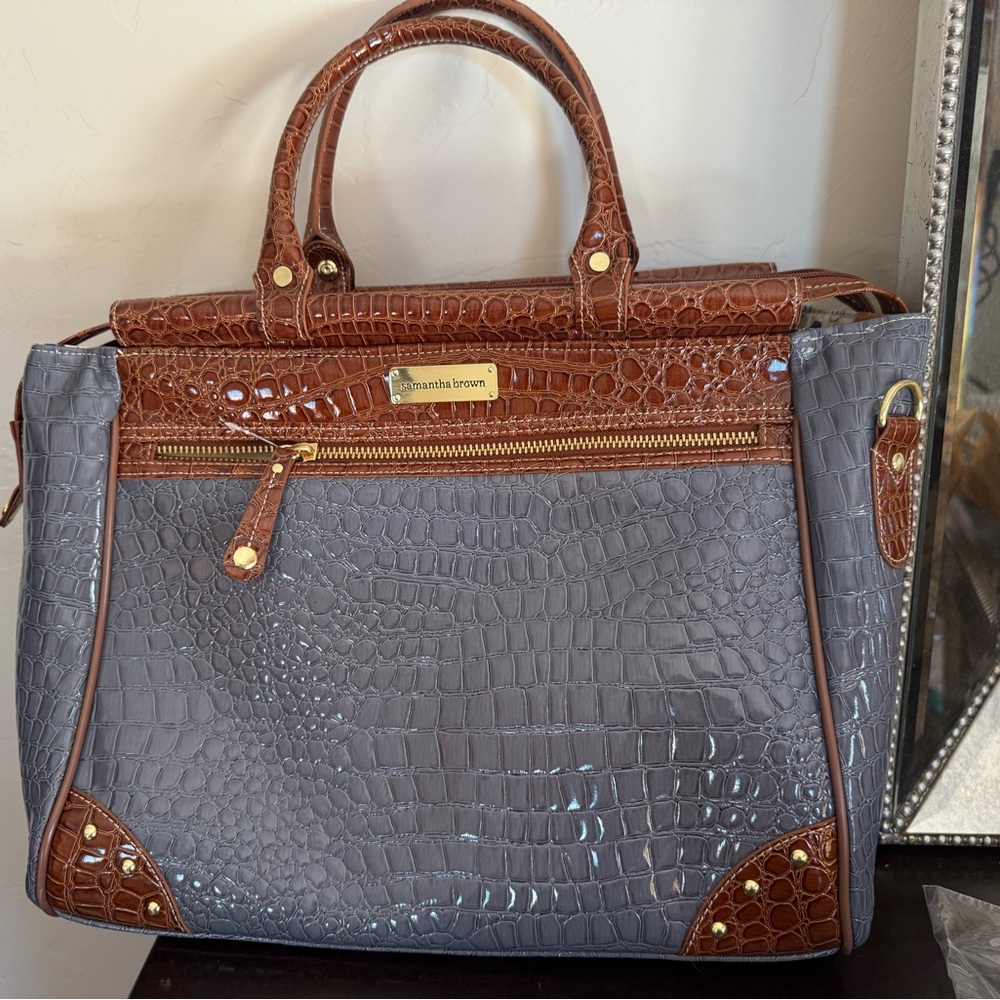 Samantha Brown Croco Carry-On Luggage Travel Dowel NWT Blue Chocolate Brown
